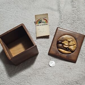 Handmade Vintage Wooden Trinket Box w Carved Tree Design Signed By Joy Of Doing